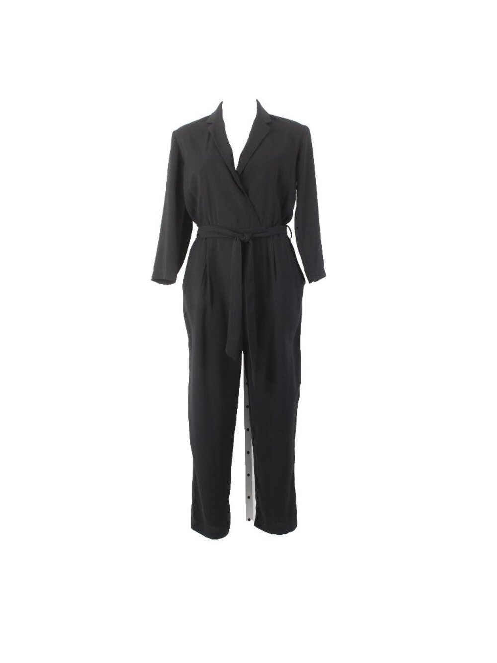 All Row Jumpsuit Sz S x 24 Black Belted Collared Pockets 100% Polyester Jumpsuit